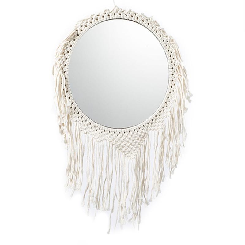 Handgefertigter Gewebter Hängender Wandspiegel Bohemian Antik Geflochtenes Baumwollseil Makramee Fransen Quasten Wandteppich Rund für Dropshipping
