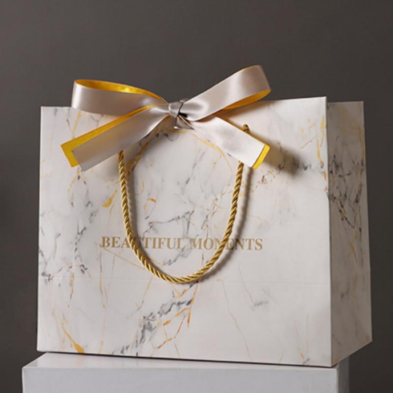 3pcsMarble Pattern Gift Bag Birthday Festival Party White Storage Tote Bag Gold Ribbon Baking Gift Packaging Paper Bag