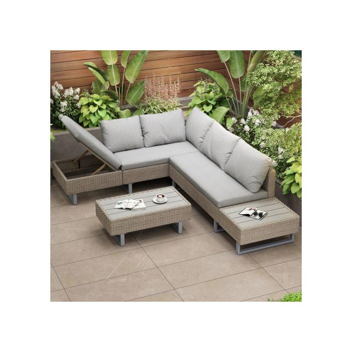 Garden Lounge Set for 4-5 People with Corner Sofa, Washable Fabric Cover, Khaki Color