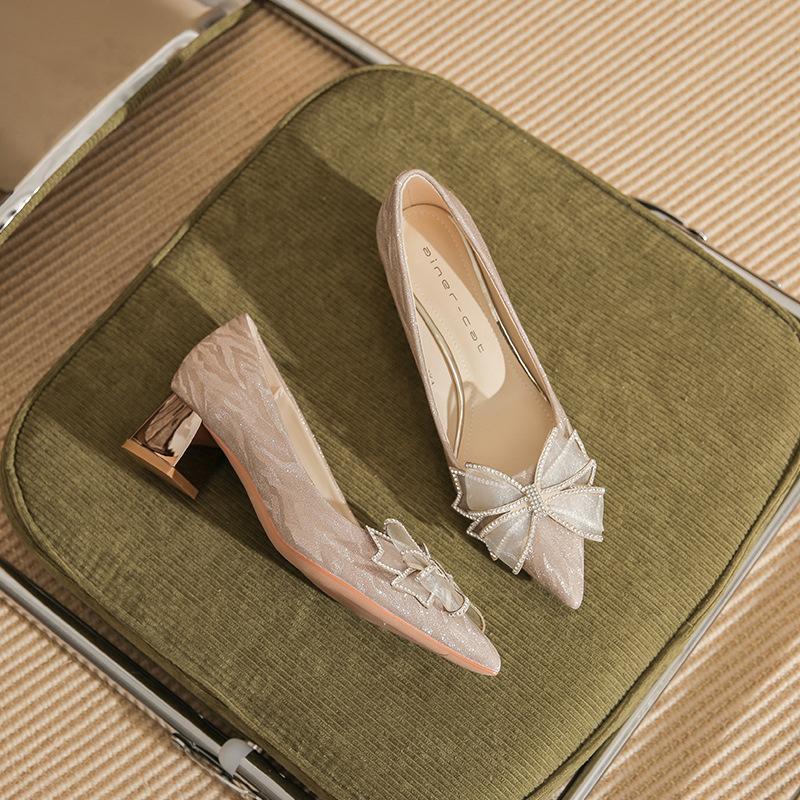 550-1 Pointed High Heels Women's 2025 Spring New Versatile Silver Crystal Wedding Shoes Thick Heel Bow Single Shoes