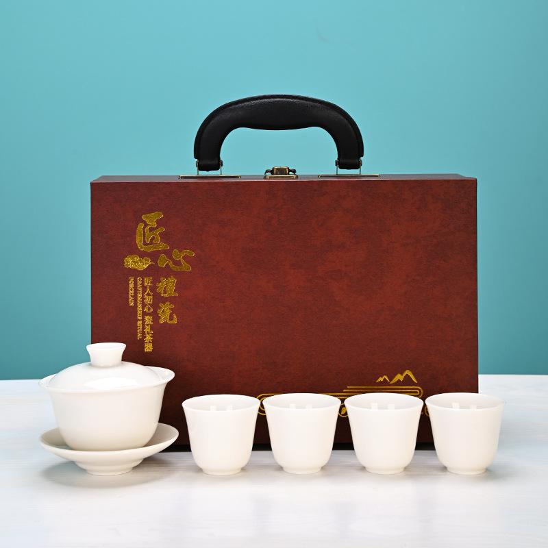 Dehua Suet Jade Porcelain Kung Fu Tea Set Gift Box, Thousands of Miles of Jiangshan, the Whole Set of Activities Accompanied by Hand Gifts