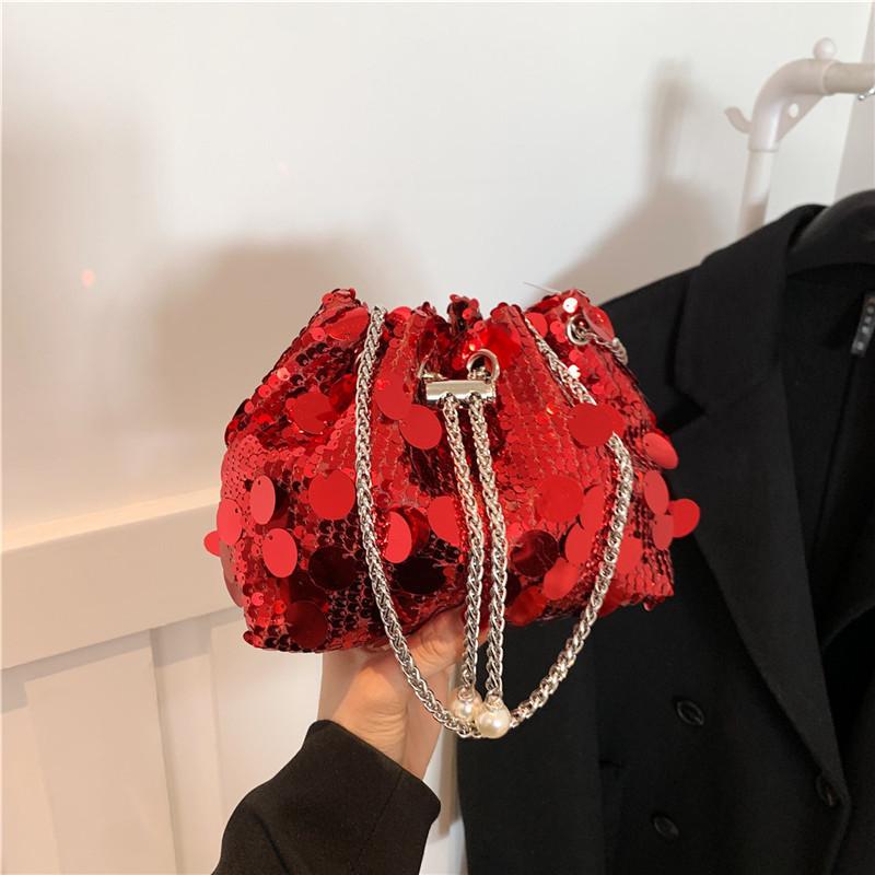 Shiny Fringe Sequin Evening Street Fashion Pu Bucket Bag 2024 New Trendy Chic Drawstring Large Capacity Stylish Handbag