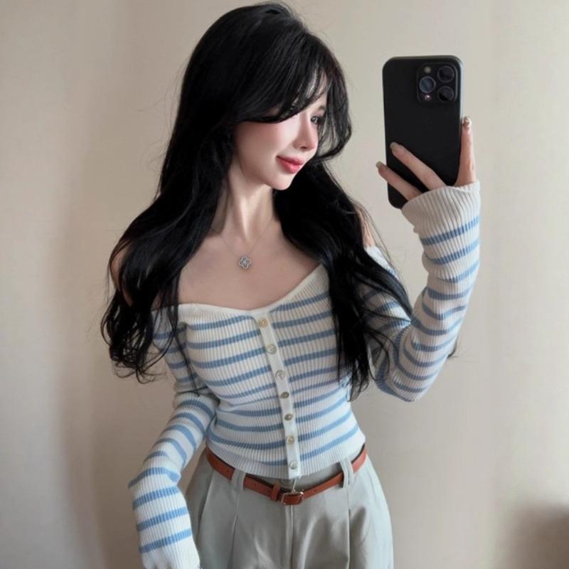 Sexy One-word Shoulder Striped Long-sleeved Knitted Sweater Women's Autumn New Pure Desire Spice Girl Slim-fitting Short Top