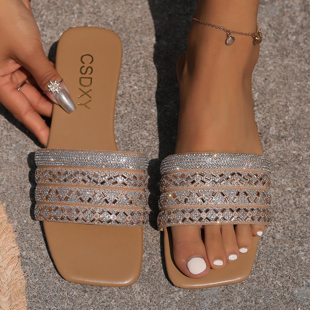 

Большие размеры, Тапочки, Женские, Стразы, Плоская подошва, Сандалии, Верхняя одежда, Квадратный носок, Сандалии 42 хаки