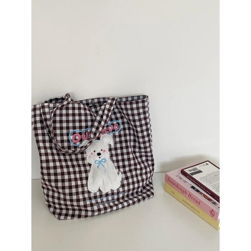 Plush Puppy Women's Plaid Shoulder Bag Cute College Girls  Book Tote Handbags Letter Embroidery Female Travel Shopping Bags