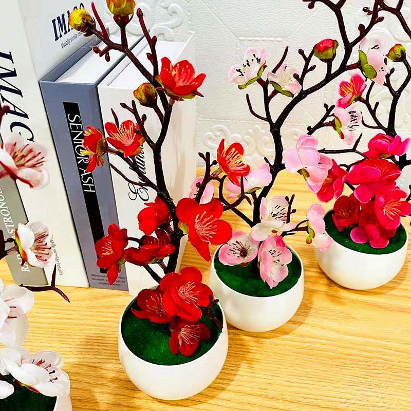 Simulation Plum Flower Pot Plant Artificial Plastic Fake Flowers Home Office Desktop Ornaments Wedding Party Background Decor