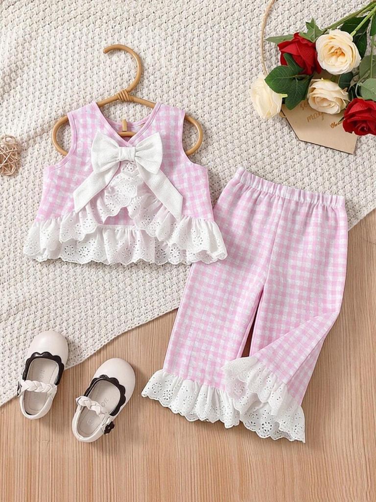 Summer Countryside Style Infant Baby Girls Clothing Set Sleeveless Top with Plaid Long Pants Retro Lace Butterfly Two Piece Outfit