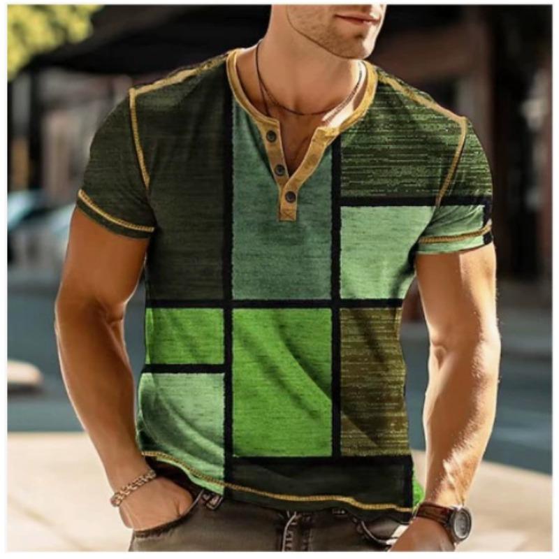 European and American semi-cardigan, casual short-sleeved digital printing slim-fit pullover Henry T-shirt top men's clothing