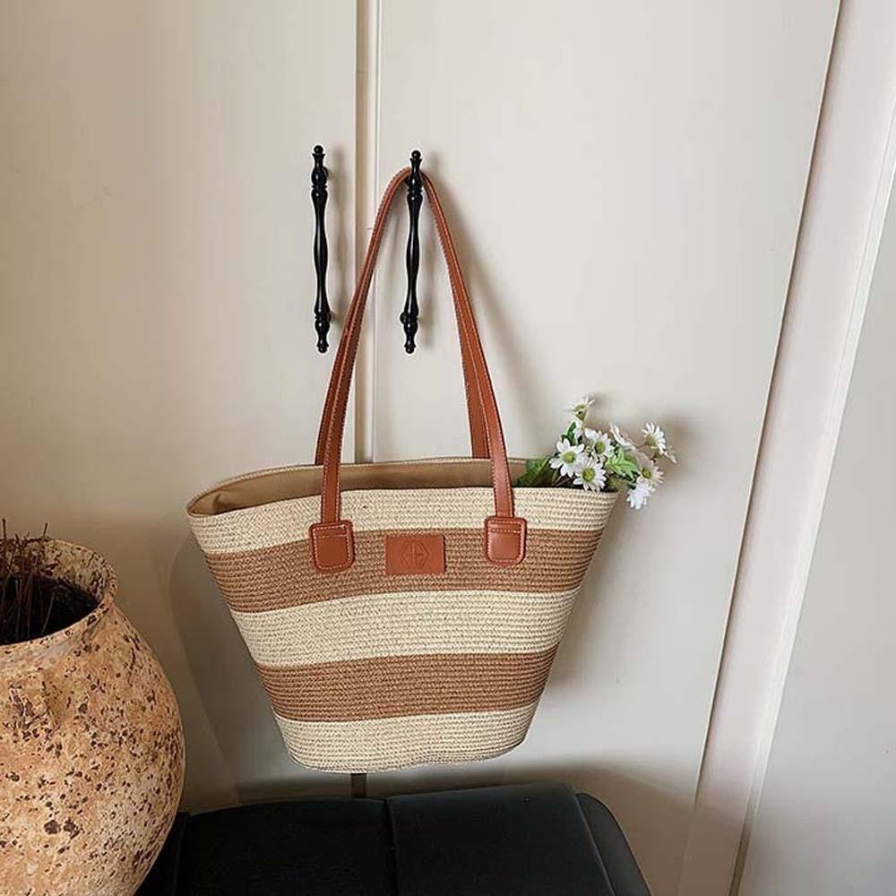 Polyester Stripe Woven Tote Bag Large Capacity Summer Beach Handbag Shopping Straw Bag Vacation