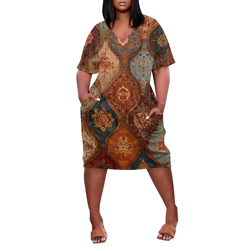 Letní nadměrné velikosti V výstřih krátký rukáv ke kolenům kapsa potisk ležérní šaty pro ženy