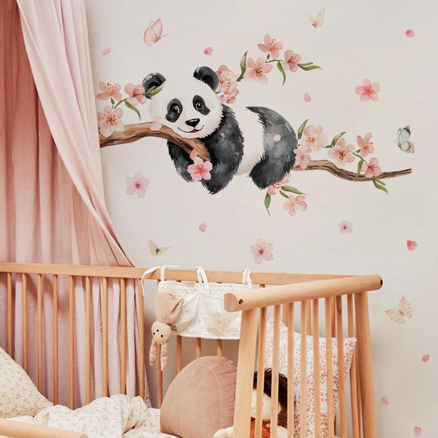 Cute Panda on Peach Tree with Butterfly and Peach Blossoms Wall Stickers, Self-Adhesive Decor for Kids Room Bedroom Dorm Room Decoration