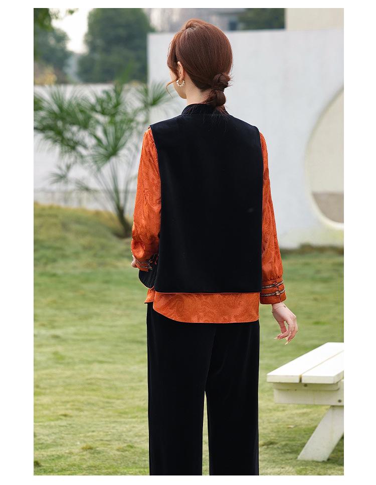 Zodiac Year Velvet Embroidered Vest for Middle-Aged Women - Color Block Stand Collar