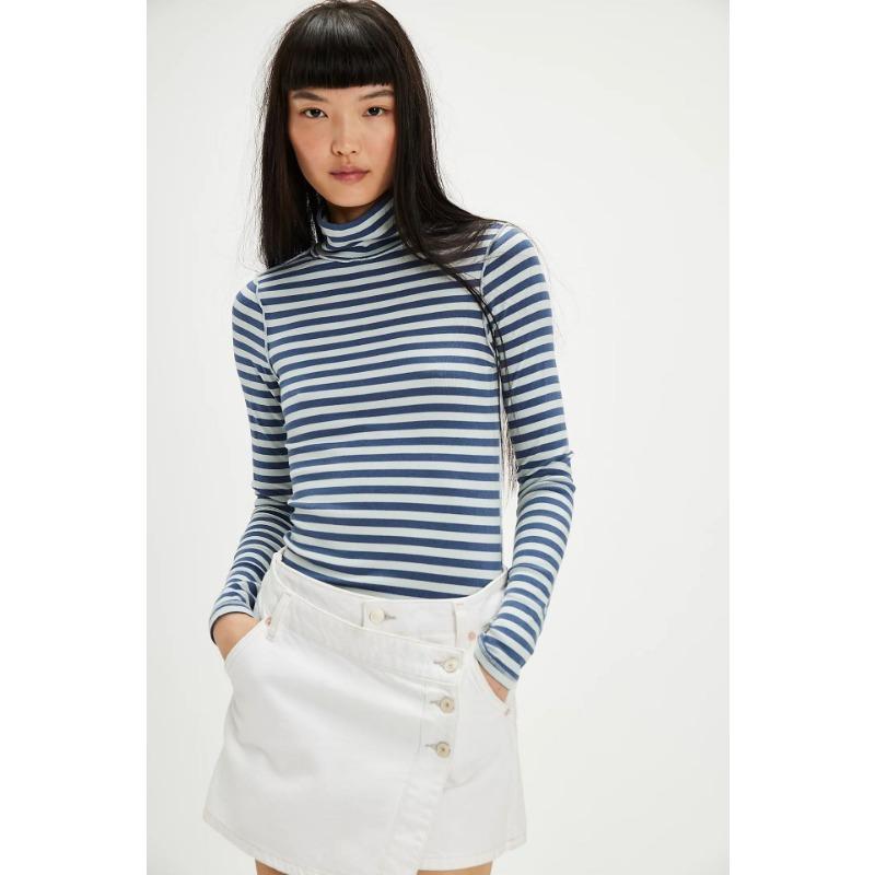 Women S Striped Print Half High Neck Fitted Long Sleeve T Shirt Base Layer Top
