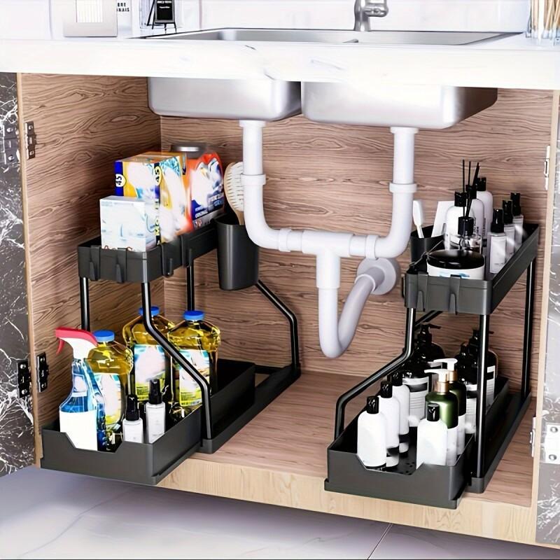 2-Tier L-Shaped Under Sink Organizers (2 Sets), Ideal for Bathroom & Kitchen! With Sliding Drawer & Pull Out Shelves to Maximize