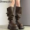 Autumn Winter Belt Buckle Women Knee High Boots Fashion Thick Heels Punk Style Knight Long Booties De Mujer