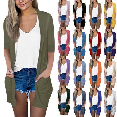 Women's Casual Solid Color Loose Cardigan Top with Pocket and Seven Part Sleeve Jacket Fashion