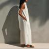 Damen Maxikleid mit Stehkragen, ärmellos, einfarbig, lockere Passform, mittlere Taille, Urlaubs-Leinen-Stil