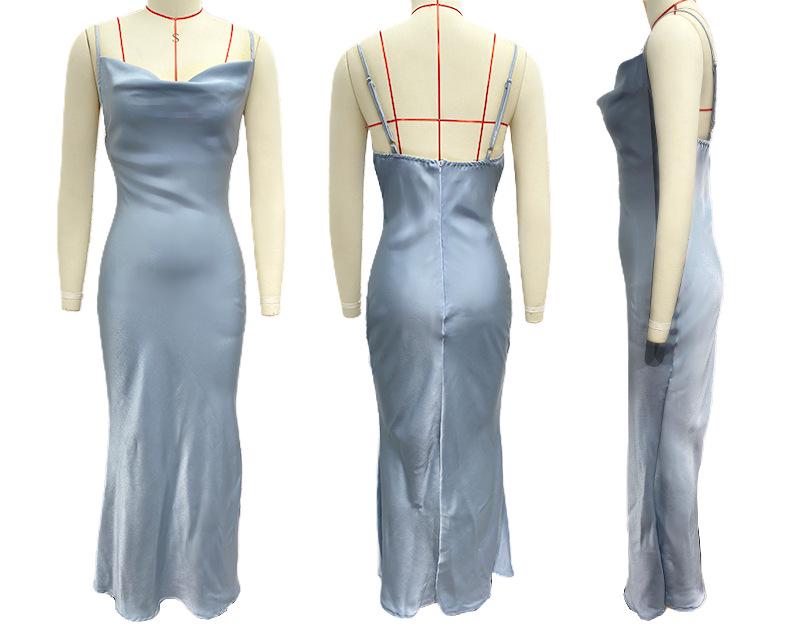 Women's Urban Fashion Solid Color Dress with Deep V-neck, Slim Fit, and Spaghetti Straps for Spring/Summer 2024.