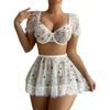 Thin sexy lace mesh print top short skirt pajama set sexy perspective floral underwear