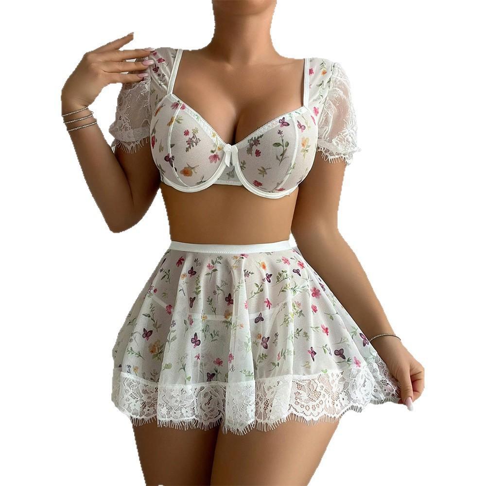 Thin sexy lace mesh print top short skirt pajama set sexy perspective floral underwear