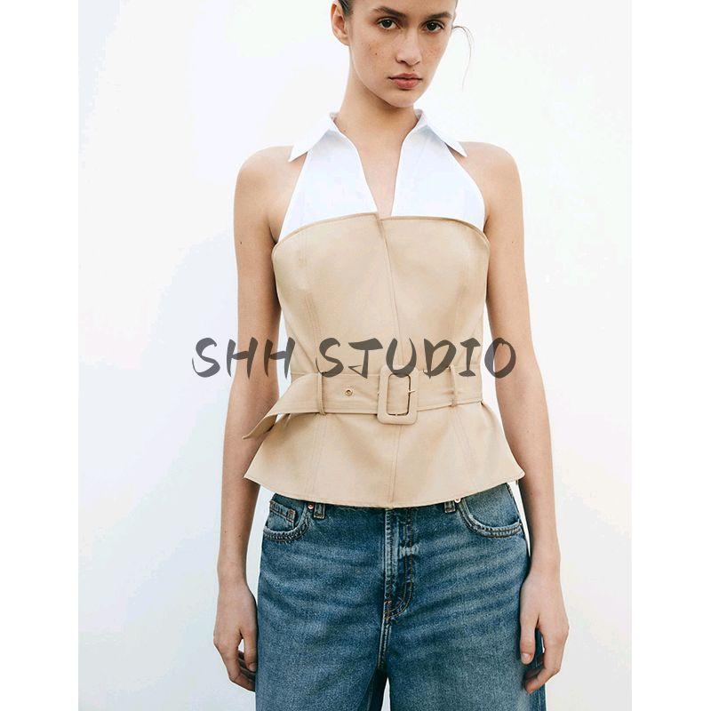 Spring and Summer New Women's Clothing with Belt Hanging Collar Patchwork Fashion Sleeveless Polo Collar Top 2609615