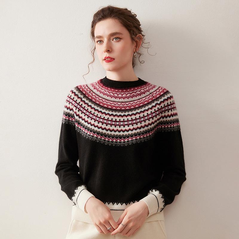 2025 Autumn/Winter Fair Isle Color Block Cashmere Women's Loose Fit Slimming Sweater
