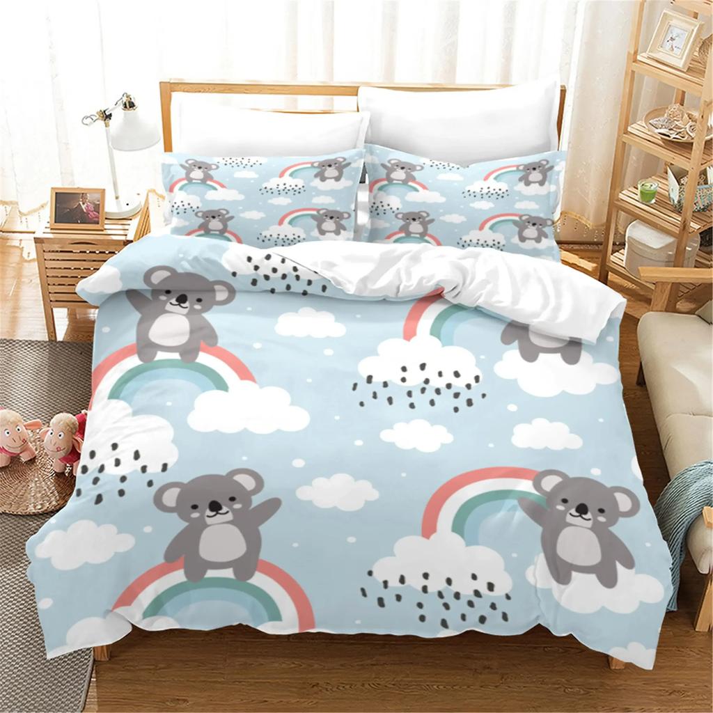 White Cartoon Cute Koala Comfortable Duvet Quilt Cover Pillowcase Bedding Set Children Bedroom Decoration Home Textile