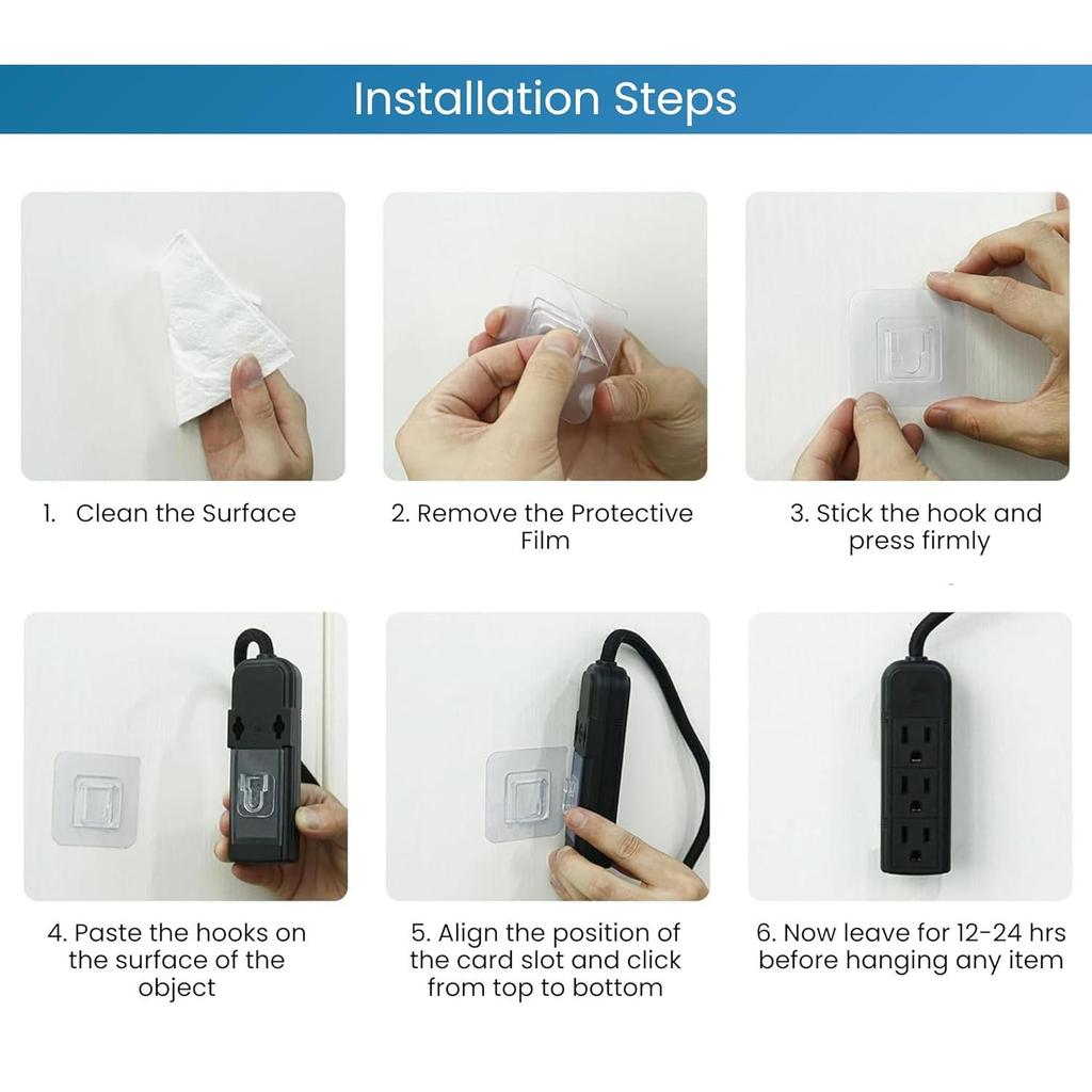 Stainless Steel Double-Sided Self Adhesive Male/Female Wall Hooks-Heavy-Duty,No-Drill,Transparent Sticker Hooks for Hanging Socket Box,