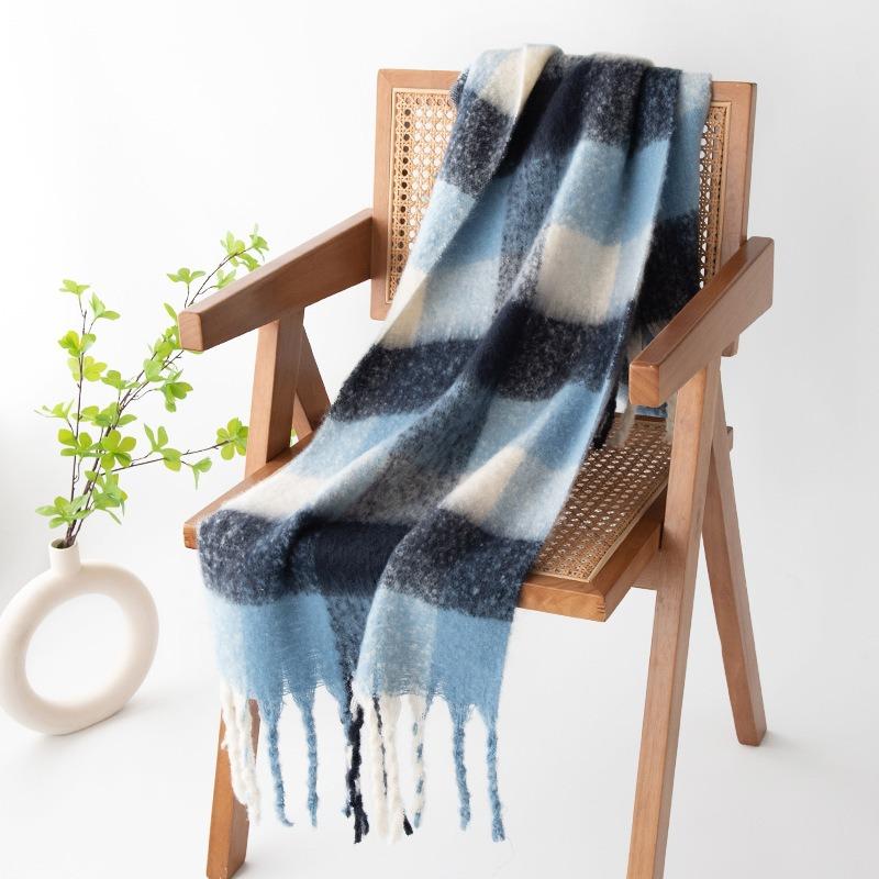 New Fluffy Big Pulled Hair Imitation Cashmere Plaid Printing Fringed Scarf High-end Women's Scarf Shawl