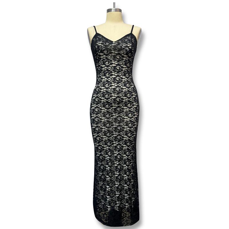 2023 Summer Women's Sexy Spaghetti Strap Lace Dress - Slim Fit, Transparent, Solid Color, Sleeveless