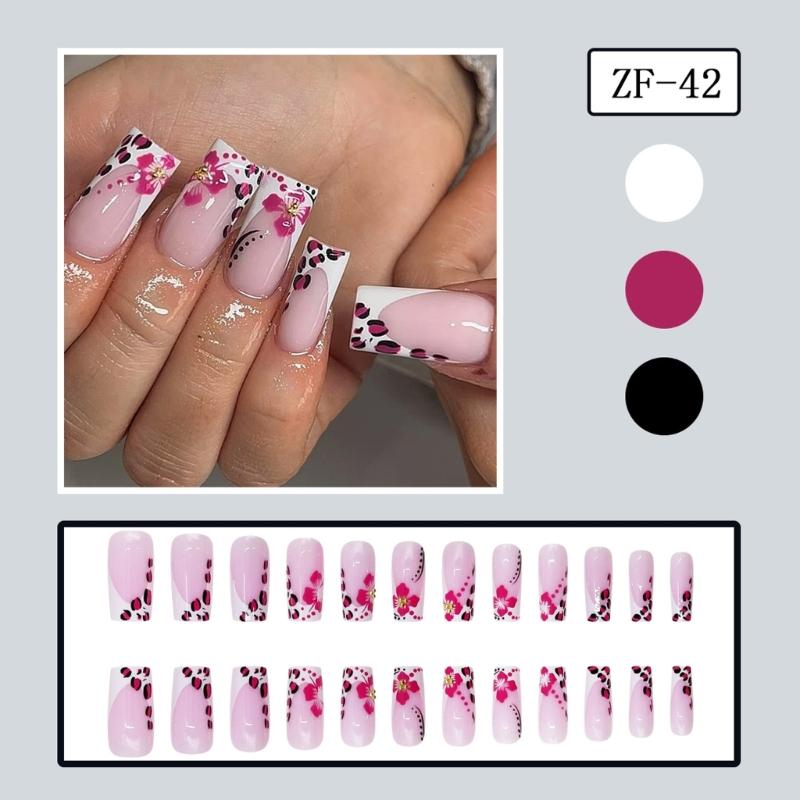 Square Press On Nail Flower Fake Nail Glues On Nail Artificial Acrylic Nail 24pcs Stick On Nail for Womens and Girls