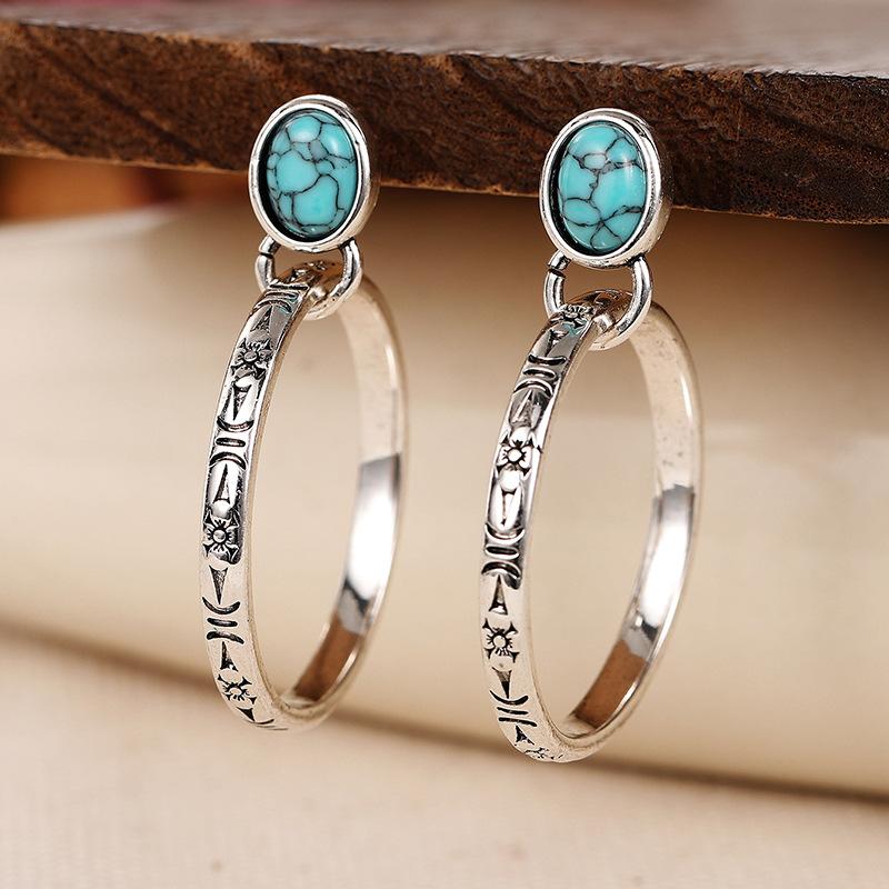 European and American earrings, round engraved inlaid oval imitation turquoise earrings, bohemian retro earrings