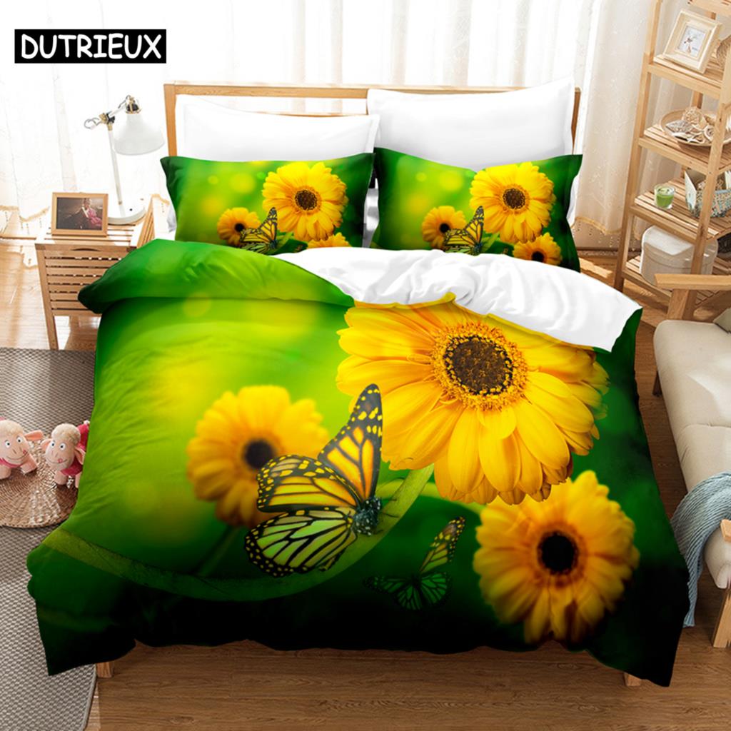 Floral Quilt Cover Queen Size Sunflower Duvet Cover 3D Bedding Set 3Pcs 2Pcs With Pillowcase King Full Twin Single Double Beds