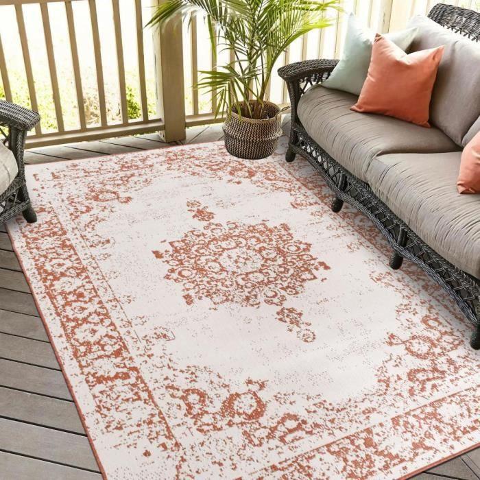 Tapis exterieur 120x170 cm Rectangulaire ORIENTO REVERSIBLE Marron Terrasse, jardin adapté au chauffage par le sol