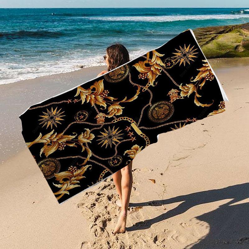 Luxe Premium Zwart Goud Patroon Bloemen Microvezel Sneldrogende Strandhanddoek Mannen Vrouwen Zacht Absorberend Extra Grote Handdoeken Kampeer Mat