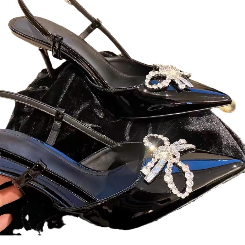 [Spot] 2025 new bow rhinestone black high heels pointed sexy royal sister with sandals