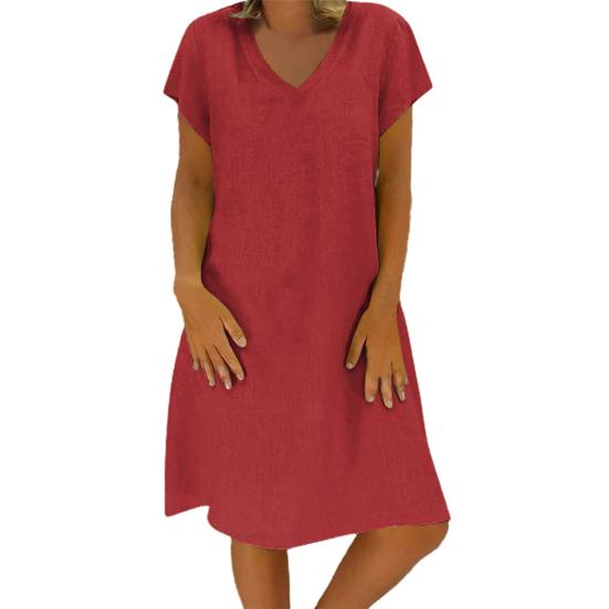 

Жіноча сукня вільного крою з V-подібним вирізом і короткими рукавами, довжиною до коліна, однотонне повсякденне плаття, яке можна прати, вуличний одяг 2XL червоний
