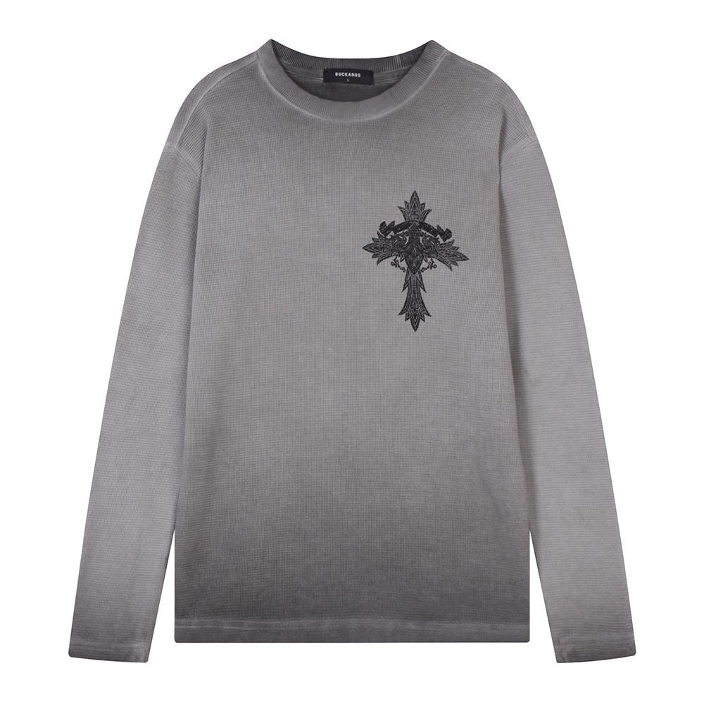 Burkeru [Premium] Waffle Simple Cross-Stitch Round T-Shirt Gray Gray_M