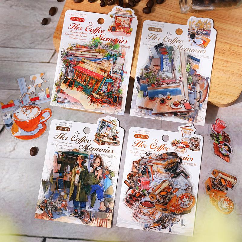 30pcs/lot Kawaii Scrapbook Stickers Her coffee memories Scrapbooking Supplies diary Planner Decorative caft Stationery Sticker