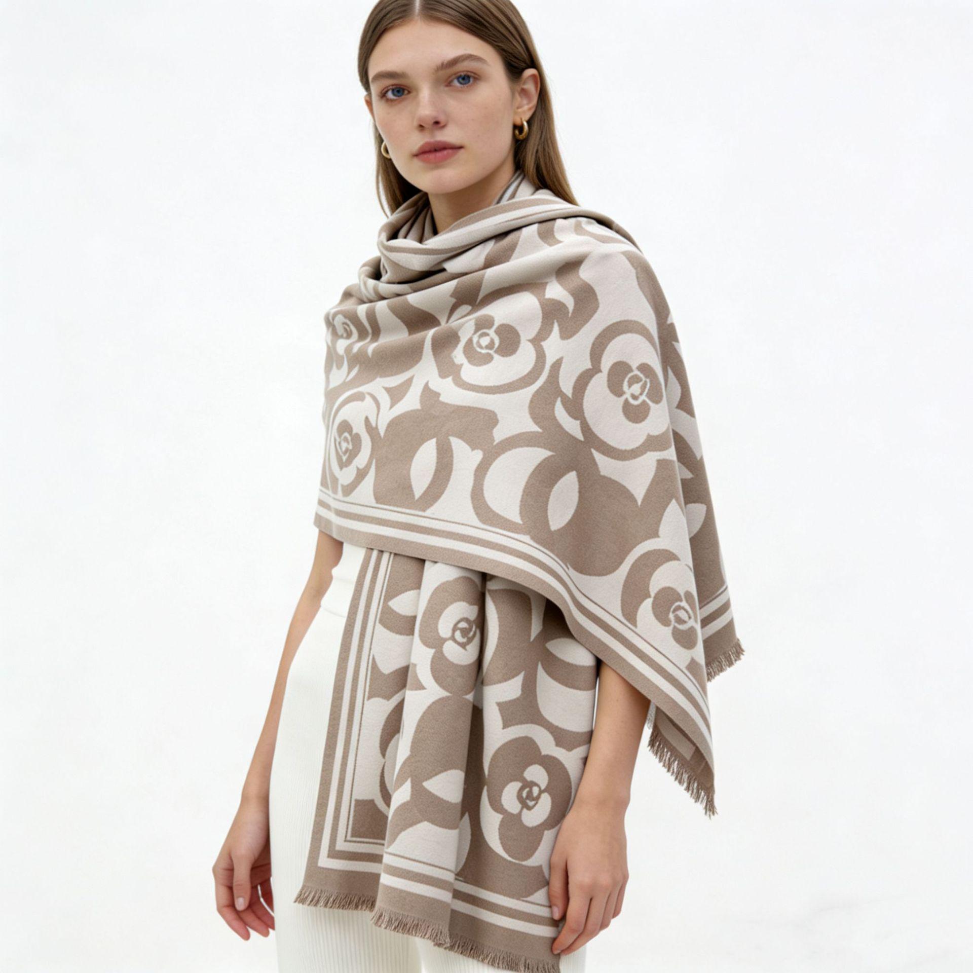 Camellia Imitation Cashmere Double-Sided Neck Warmer Shawl with Tassels 175 cm and above