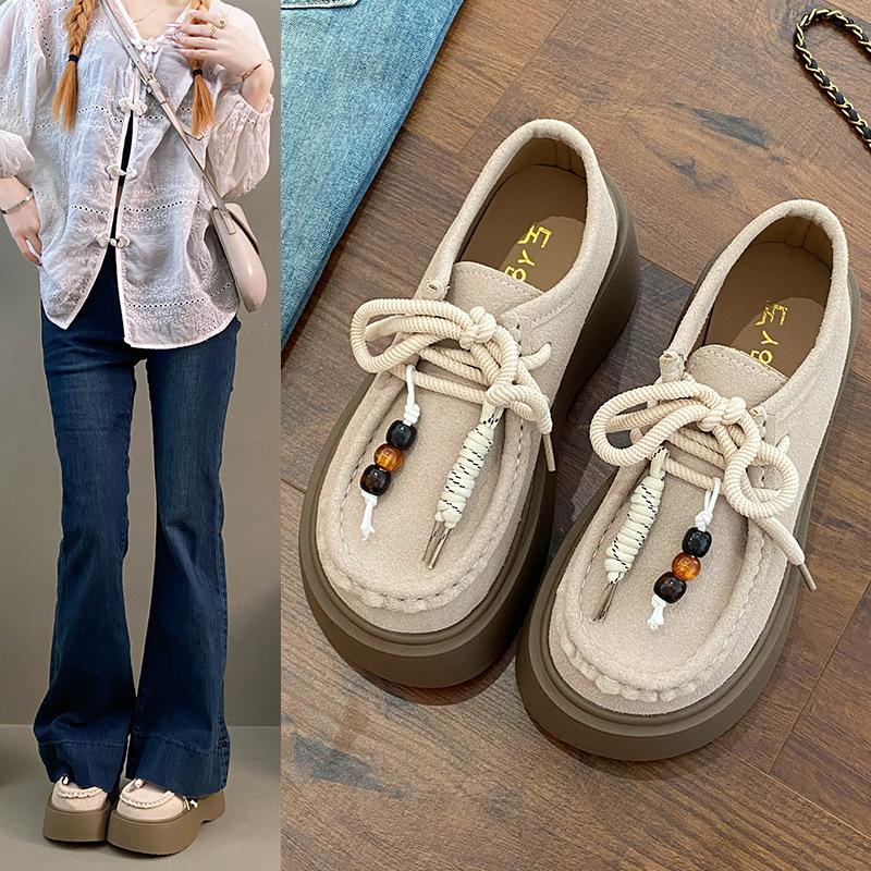 2025 Spring New Fashion Casual Lace-up Women's Thick-soled Outer Wear Explosion Lazy Single Shoes Versatile Niche Ethnic Style