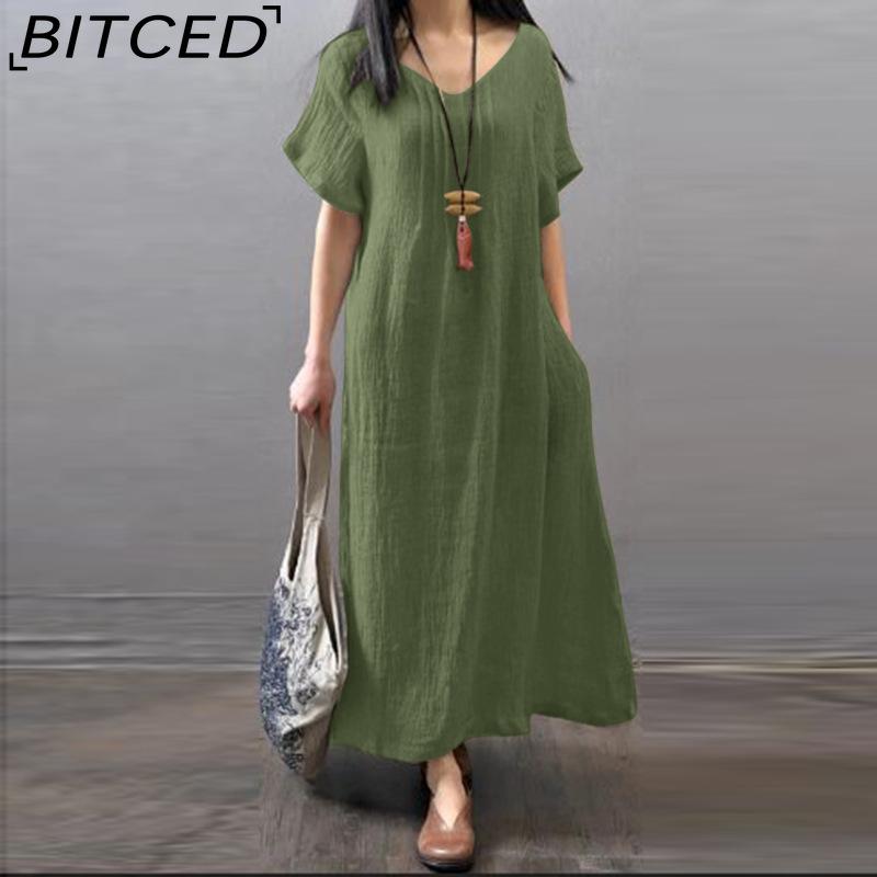 

BITCED Жіноча мода, літо, весна, однотонні повсякденні сукні з коротким рукавом і V-подібним вирізом із високою талією. S армія зелений колір