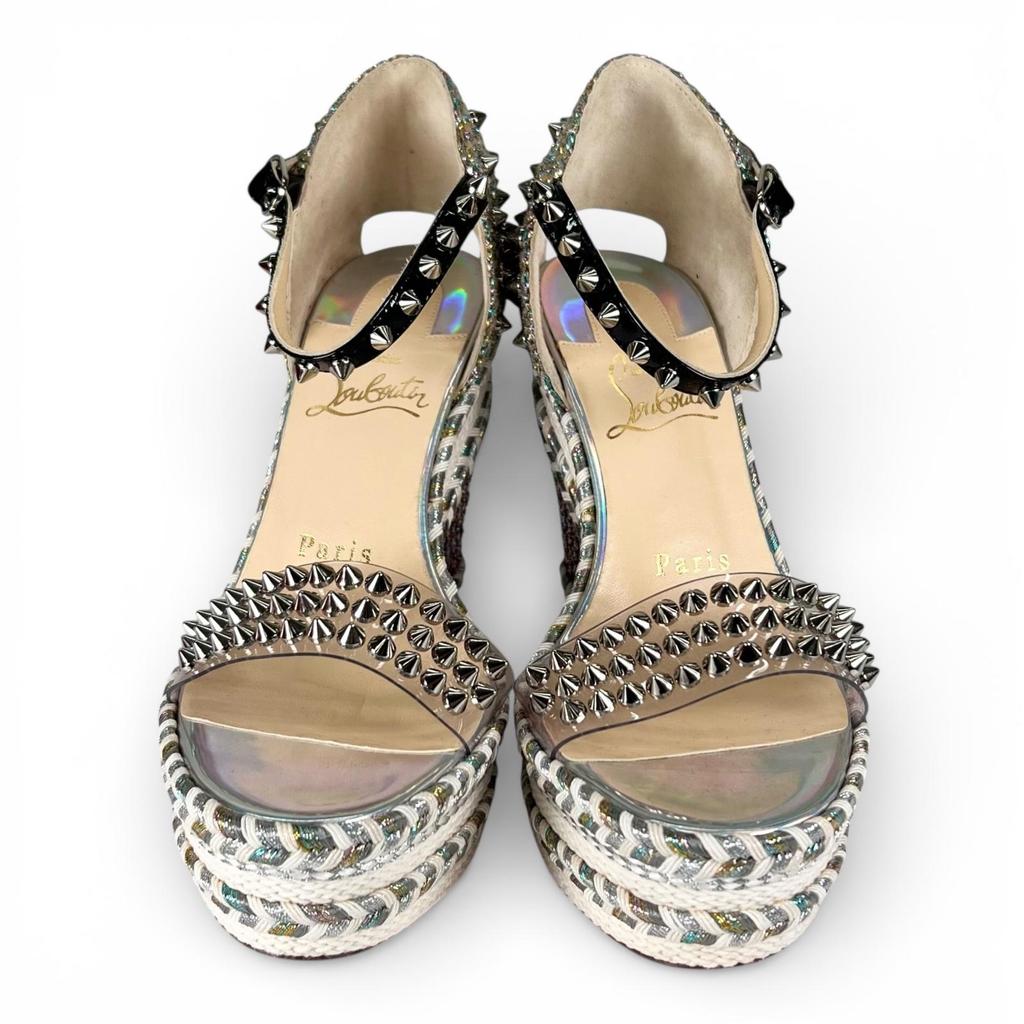 Pristine Christian Louboutin Sandals spike stud wedge sole Silver beige 35 Used