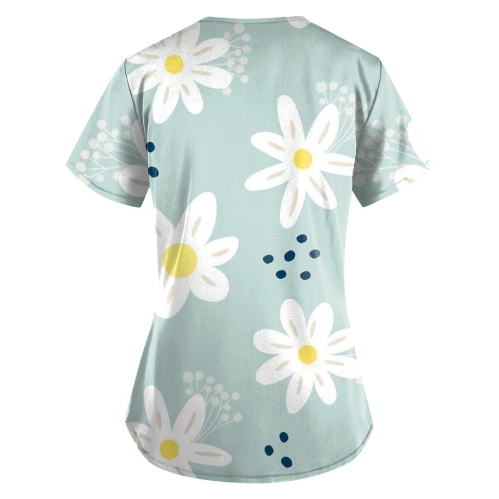 Women Fashion Spring And Summer Oil Painting Print V-neck Short Sleeve Workwear With Pockets Tops