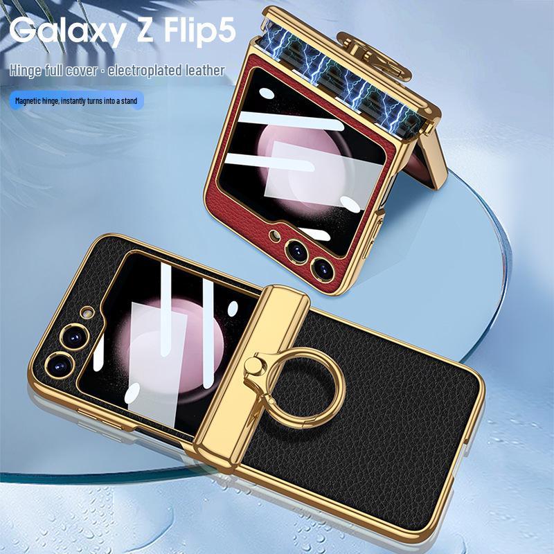 ZFlip5 Magnetic Hinge Leather Ring Case - Foldable Screen, Creative & Simple Design