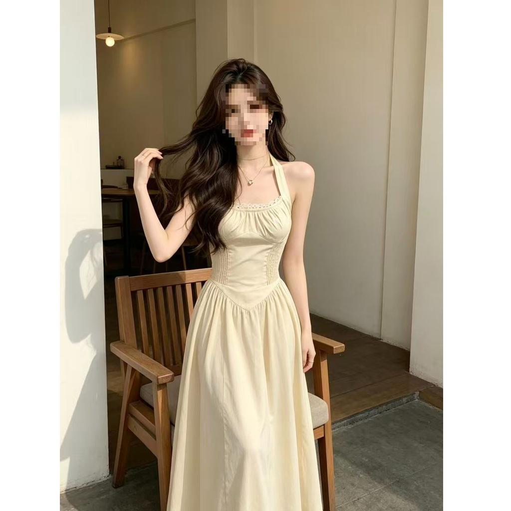 French gentle strap neck dress summer new vacation temperament backless sleeveless waist slim skirt