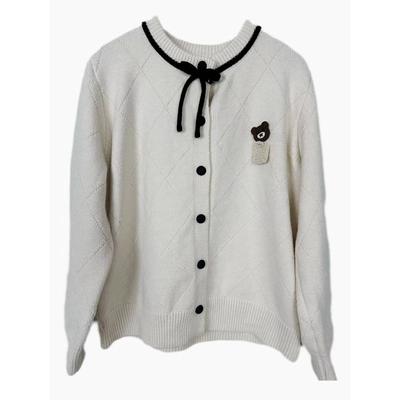 New Bow Design Single Breasted Teddy Bear Embroidered Round Neck Long Sleeved Cardigan Spring Knitted Loose Jacket
