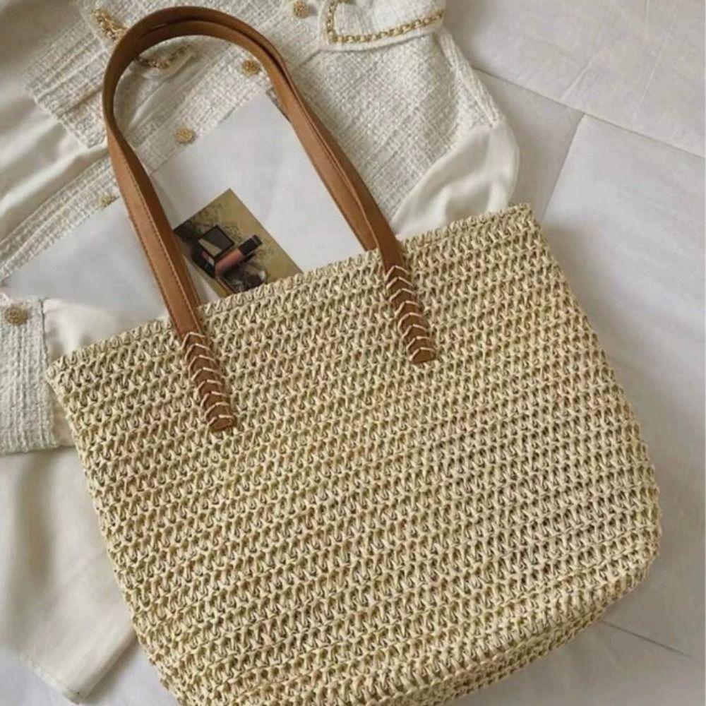 Zipper Beach Bag Square Raffia Shoulder Bag Casual Weave Straw Tote Bag Travel
