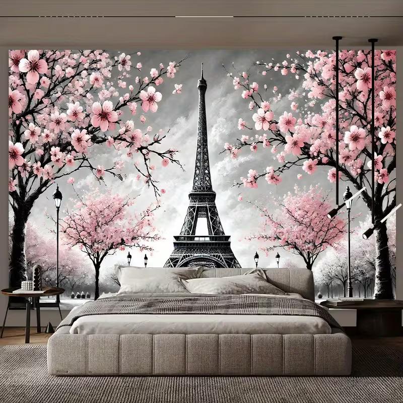 2D Black White Pink Eiffel Tower Cherry Blossom Tapestry for Home Aesthetic Decoration