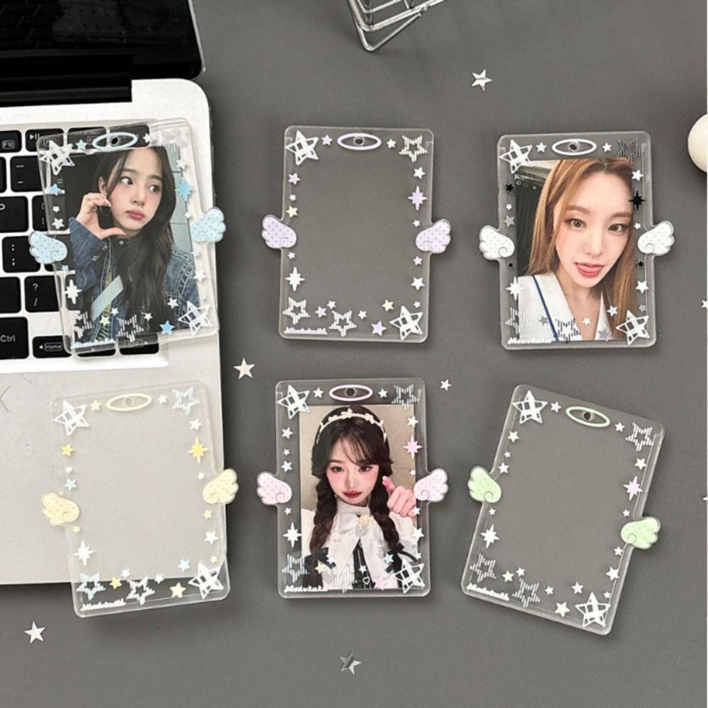 Clear Acrylic Photocard Holder 3 Inch Card Display Colorful Angel Wings Card Holder Bag Pendant Card Protector Bus Card